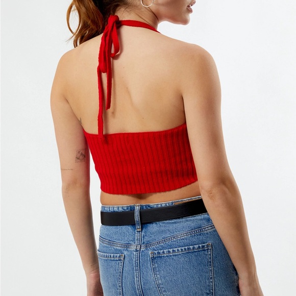 Red Ribbed pixie Halter Crop Top - Picture 3 of 4